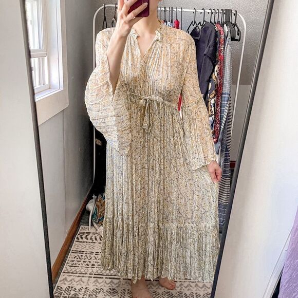 Ne Quittez Pas Chiffon Yellow Midi Dress Sheer Long Sleeve S - Picture 4 of 10